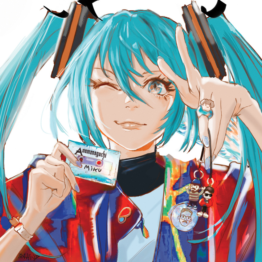 1girl bahi_jd blue_eyes blue_hair closed_mouth hatsune_miku highres holding jewelry looking_at_viewer miku_append nail one_eye_closed ring smile solo vocaloid vocaloid_append watch