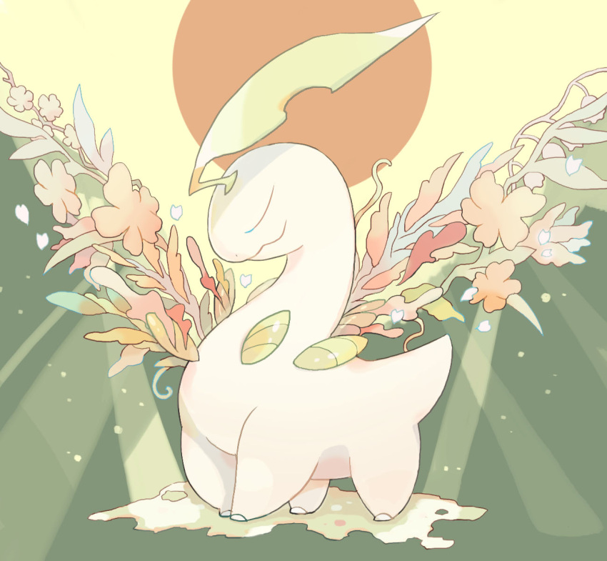 akadako animal_focus bayleef closed_eyes closed_mouth commentary_request dated_commentary flower full_body highres no_humans one-hour_drawing_challenge partial_commentary petals pokemon pokemon_(creature) red_flower solo spotlight standing u_u