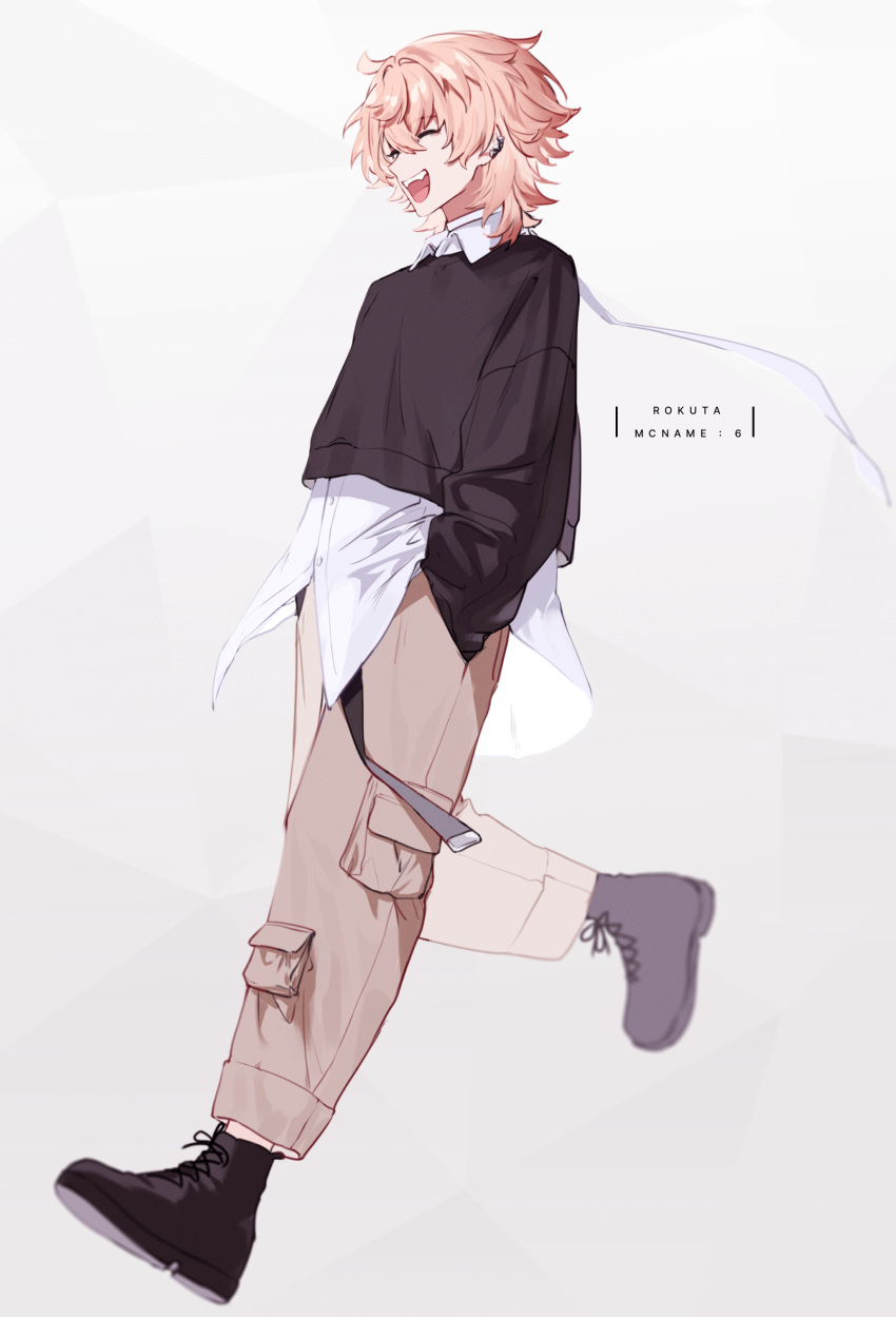 1boy absurdres black_hoodie boots character_name closed_eyes collared_shirt full_body hands_in_pockets highres hood hoodie long_sleeves male_focus nyamnyam0502 pants paradox_live pink_hair rokuta shirt solo wavy_hair white_background white_shirt