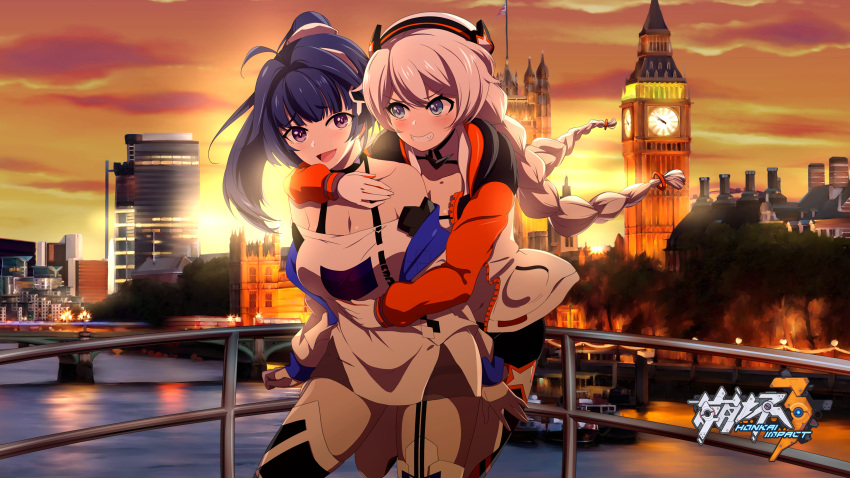 2girls :d absurdres bangs bare_shoulders blue_eyes blush bodysuit bridge city clouds cloudy_sky grin highres honkai_(series) honkai_impact_3rd hug hug_from_behind jacket kiana_kaslana kiana_kaslana_(white_comet) long_hair long_sleeves looking_at_another multiple_girls open_mouth orange_sky outdoors ponytail purple_hair raiden_mei raiden_mei_(striker_fulminata) rinine shirt sky smile sunset teeth violet_eyes water white_bodysuit white_hair white_jacket white_shirt