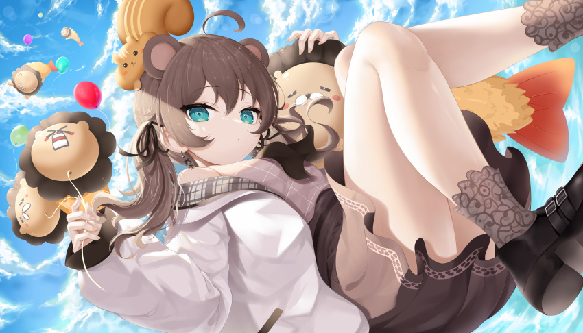 1girl absurdres ahoge animal_ears animal_on_head balloon bangs bear_ears black_footwear black_ribbon blue_sky blush_stickers brown_hair brown_legwear brown_shirt brown_skirt closed_mouth clothing_cutout clouds cloudy_sky commentary day earrings ebi_frion_(natsuiro_matsuri) eyebrows_visible_through_hair falling fingernails flower_earrings from_below green_eyes hair_between_eyes high-waist_skirt highres holding holding_balloon hololive jacket jewelry light_rays long_hair long_sleeves looking_at_viewer natsuiro_matsuri off_shoulder official_alternate_costume on_head pocket ribbon roina_(effj7473) shiny shiny_hair shiny_skin shirt shoes shoulder_cutout sidelocks skirt sky sleeves_past_wrists socks squirrel striped striped_shirt stuffed_animal stuffed_toy sunlight twintails virtual_youtuber white_jacket