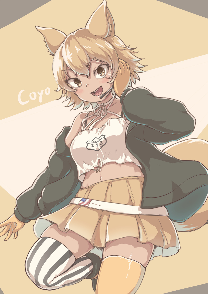 animal_ears black_jacket blonde_hair coyote coyote_(kemono_friends) coyote_girl coyote_tail gloves highres jacket kemono_friends kemono_friends_v_project necktie okyao shirt shoes short_hair skirt smile tail virtual_youtuber white_shirt yellow_eyes yellow_gloves