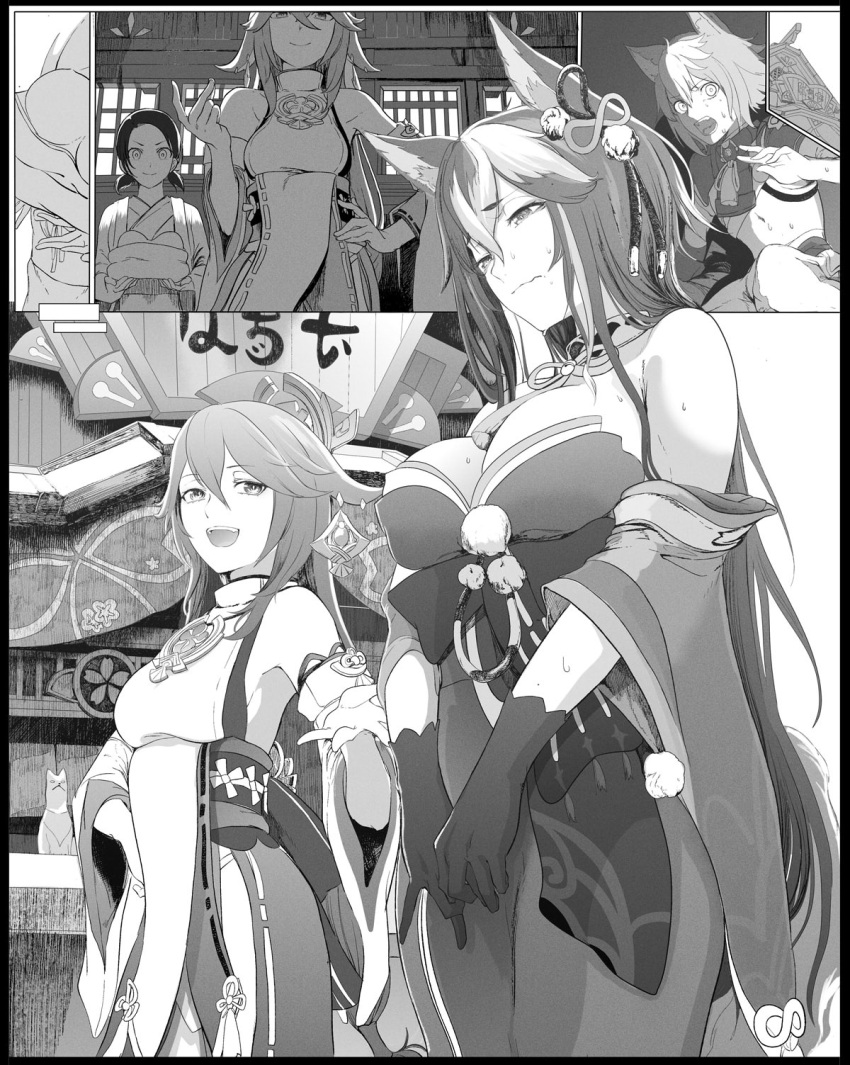 1boy 2girls animal_ears breasts commentary_request dog_ears dog_tail eyebrows_visible_through_hair fox_ears fox_girl fox_tail genshin_impact gloves gorou_(genshin_impact) hair_between_eyes hair_ornament highres huge_breasts japanese_clothes kimono large_breasts long_hair miko monochrome multiple_girls open_mouth syatey tail yae_miko