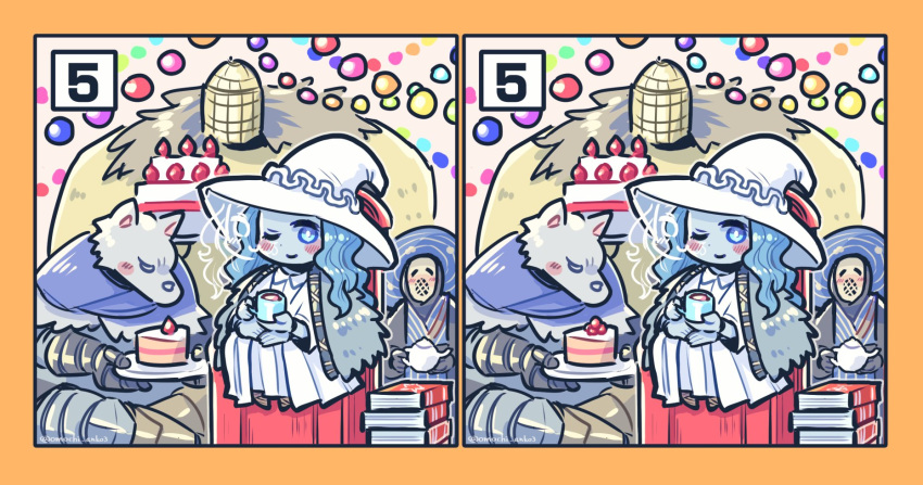 ;) blaidd_the_half-wolf blue_hair blush blush_visible_through_clothes book book_stack cake cake_slice chair cloak cup dress elden_ring extra_arms extra_faces food fur_cloak furry furry_male hat highres holding holding_cup holding_plate holding_teapot mug omochi_anko3 one_eye_closed plate preceptor_seluvis ranni_the_witch sitting smile spot_the_differences strawberry_shortcake teapot twitter_username war_counselor_iji white_dress witch_hat