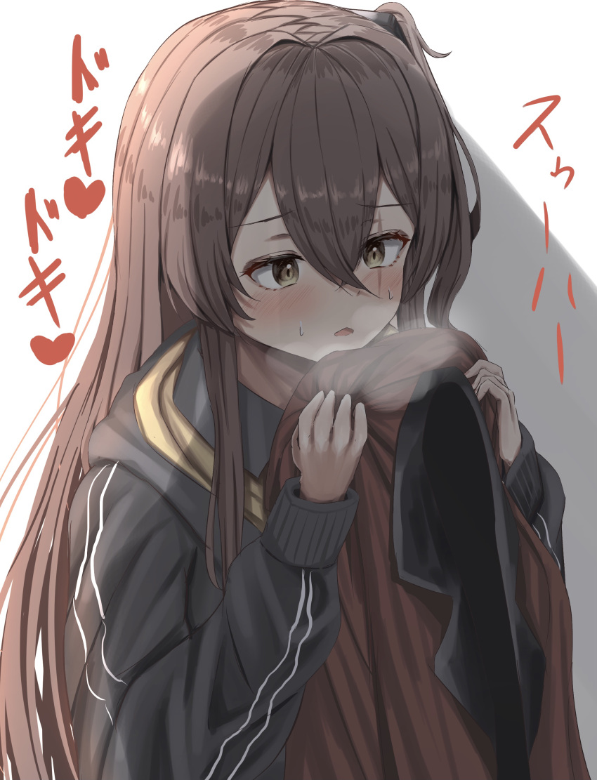 1girl absurdres black_jacket blush breath brown_hair eyebrows_visible_through_hair girls_frontline highres holding holding_clothes holding_jacket jacket long_hair nanahosi45 red_jacket scar scar_across_eye side_ponytail simple_background solo sweatdrop ump45_(girls'_frontline) yellow_eyes