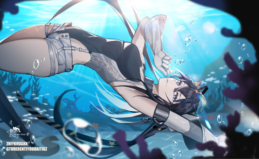 1girl absurdres aqua_headwear arched_back black_ribbon black_swimsuit chinese_commentary commentary_request competition_swimsuit cowboy_shot food_in_mouth freediving garrison_cap gloves grey_eyes grey_hair hair_ornament hair_ribbon hat highleg highleg_swimsuit highres izsly kantai_collection long_hair one-piece_swimsuit ribbon scamp_(kancolle) short_shorts shorts side_ponytail solo star_(symbol) star_hair_ornament swimsuit underwater white_gloves white_shorts