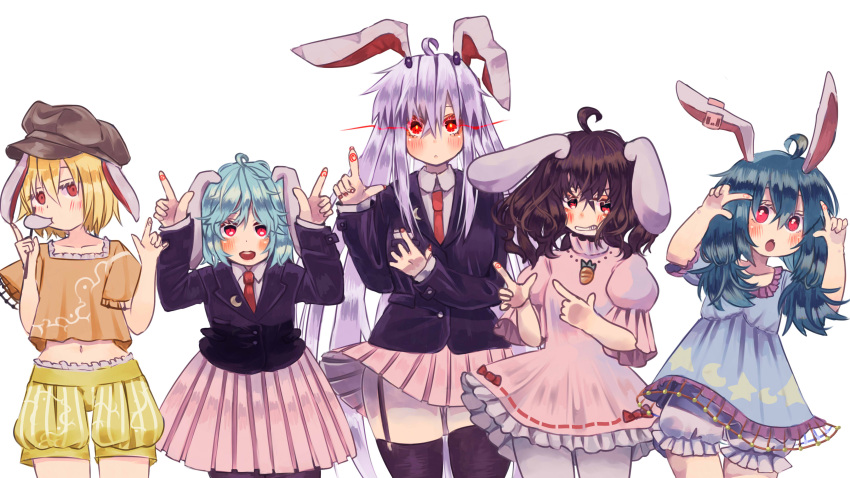 5girls absurdres ahoge animal_ears bangs blazer bloomers blue_dress blue_hair brown_hair brown_headwear cabbie_hat carrot carrot_necklace collared_shirt commentary_request cowboy_shot crescent crescent_print culotte_(hosenrock) dango dress earclip eating finger_gun flat_cap floppy_ears food frilled_dress frilled_sleeves frills garter_straps glowing glowing_eyes hat highres inaba_tewi jacket light_purple_hair long_hair long_sleeves midriff multiple_girls navel necktie orange_shirt pink_dress pleated_skirt pointing puffy_short_sleeves puffy_sleeves purple_hair rabbit_ears rabbit_girl rabbit_tail red_eyes red_necktie reisen_(touhou_bougetsushou) reisen_udongein_inaba ribbon-trimmed_dress ringo_(touhou) seiran_(touhou) shirt short_hair short_sleeves shorts simple_background skirt star_(symbol) striped striped_shorts tail thigh-highs touhou underwear very_long_hair wagashi wavy_hair white_background white_bloomers white_legwear white_shirt yellow_shorts