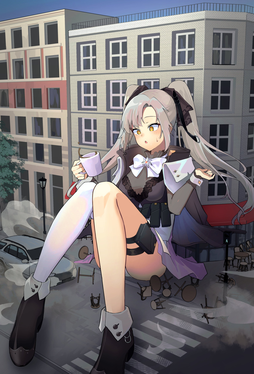1girl absurdres aug_para_(girls'_frontline) black_footwear bow bowtie building car chair city coffee coffee_mug commission cup english_commentary giant giantess girls_frontline ground_vehicle hanabusaraleigh highres holding holding_cup long_hair motor_vehicle mug open_mouth outdoors second-party_source shoes silver_hair single_thighhigh sitting solo table thigh-highs thigh_pouch twintails white_bow white_bowtie white_legwear yellow_eyes