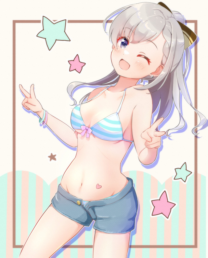 absurdres bangs bikini blue_eyes blue_shorts bow bow_bikini breasts collarbone commentary_request denim denim_shorts double_v earrings eyebrows_visible_through_hair grey_hair hair_ribbon hands_up heart_stickers highres hisakawa_hayate idolmaster idolmaster_cinderella_girls jewelry light_blush long_hair looking_at_viewer medium_breasts mouchi_(mouchimochi) navel one_eye_closed open_mouth pink_bow ponytail ribbon shorts smile solo star_(symbol) stomach striped striped_background striped_bikini swimsuit thighs v vertical_stripes white_background