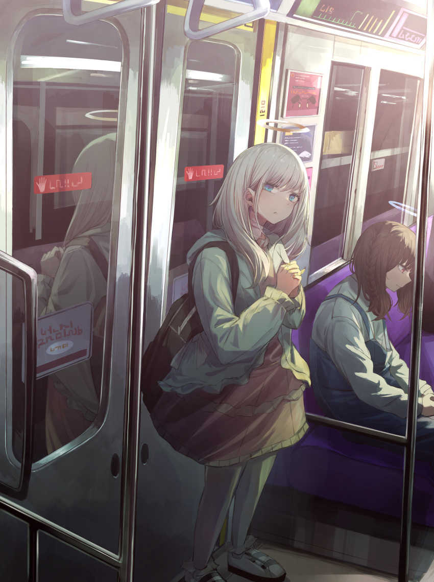 2girls absurdres angel backpack bag black_hair blue_eyes braid denim door ground_vehicle halo highres jeans looking_at_viewer looking_down miyabino_(miyabi1616) multiple_girls original own_hands_clasped own_hands_together pants red_eyes reflection seat shoes silver_hair sitting sneakers subway train