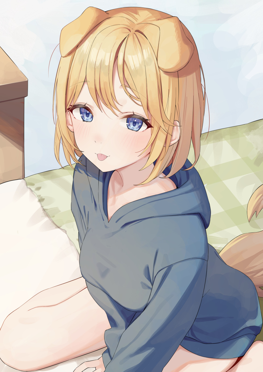 1girl :p absurdres animal_ears bangs bare_legs blonde_hair blue_eyes blue_hoodie blush breasts dog_ears dog_girl dog_tail extra_ears highres hololive hololive_english hood hood_down hoodie long_sleeves looking_at_viewer medium_breasts on_bed short_hair sitting sitting_on_bed solo syhan tail tongue tongue_out virtual_youtuber wariza watson_amelia