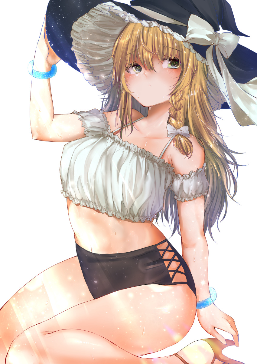 1girl absurdres bangs bare_shoulders bikini blonde_hair blush bow bracelet braid breasts cronose_sama eyebrows_visible_through_hair hair_bow hat hat_bow highres jewelry kirisame_marisa long_hair navel off_shoulder short_sleeves single_braid sitting solo swimsuit thighs touhou wet white_bow witch_hat