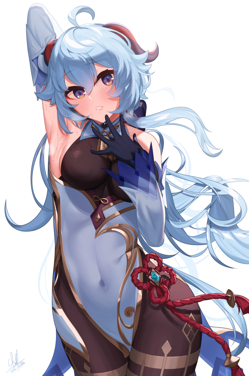 1girl ahoge armpits bangs bare_shoulders bell black_legwear blue_gloves blue_hair blush breasts chinese_knot covered_navel detached_sleeves eyebrows_visible_through_hair flower_knot ganyu_(genshin_impact) genshin_impact gloves gold_trim highres horns izulizuru legs_together long_hair looking_at_viewer medium_breasts neck_bell parted_lips red_rope rope sideboob sidelocks signature solo steaming_body sweat tassel thighlet thighs violet_eyes vision_(genshin_impact) white_background white_sleeves