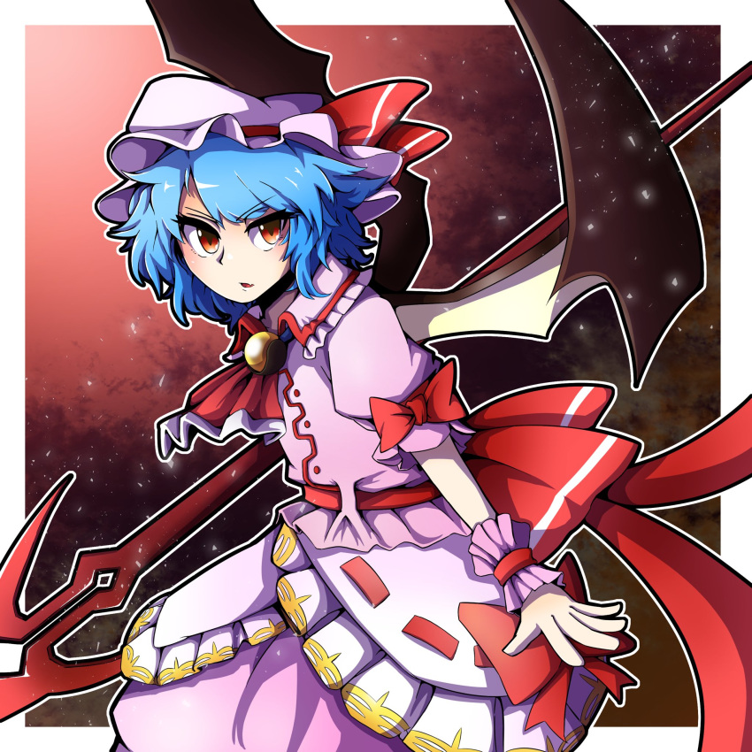 1girl ascot bangs bat_wings blue_hair border bow eyebrows_visible_through_hair hat hat_ribbon highres holding holding_weapon hurin_raika looking_at_viewer mob_cap open_mouth outside_border pink_headwear pink_shirt red_ascot red_bow red_eyes red_ribbon remilia_scarlet ribbon shirt short_hair short_sleeves solo spear_the_gungnir touhou v-shaped_eyebrows weapon white_border wings wrist_cuffs