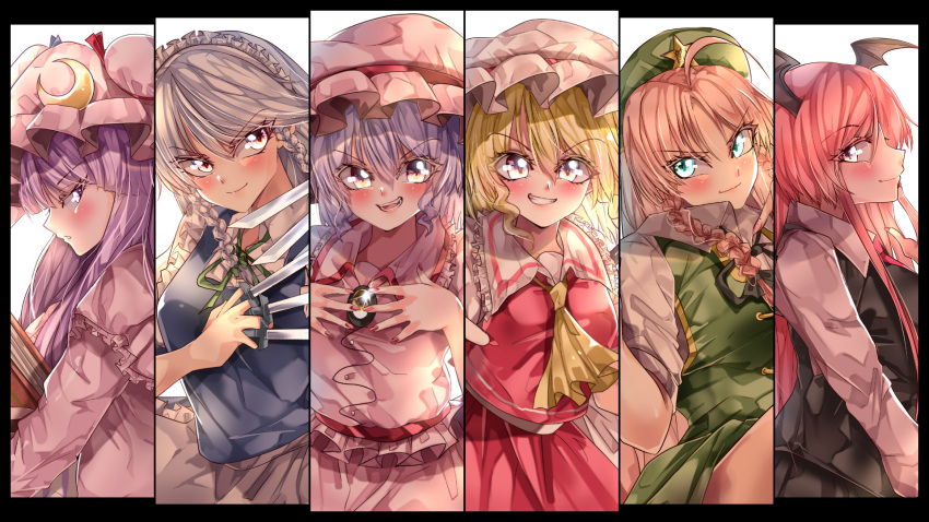 6+girls ahoge apron ascot bat_wings between_fingers black_border black_skirt black_vest blonde_hair blue_vest blush book border braid breasts brooch brown_hair closed_mouth collared_shirt commentary_request cowboy_shot crescent crescent_hat_ornament dress dress_shirt embodiment_of_scarlet_devil eyebrows_visible_through_hair flandre_scarlet frilled_apron frilled_shirt frilled_shirt_collar frills from_side green_eyes green_headwear green_ribbon green_skirt green_vest grey_hair hair_between_eyes hands_on_own_chest hat hat_ornament hat_ribbon head_wings highres holding holding_book holding_knife hong_meiling izayoi_sakuya jewelry knife koakuma long_hair long_sleeves looking_at_viewer looking_to_the_side lower_teeth maboroshi_mochi maid maid_headdress mob_cap multiple_girls nail_polish neck_ribbon open_mouth orange_eyes patchouli_knowledge pink_dress pink_headwear pink_shirt pink_skirt puffy_short_sleeves puffy_sleeves purple_hair red_nails red_ribbon red_skirt red_vest redhead remilia_scarlet ribbon shirt short_sleeves skirt skirt_set small_breasts smile star_(symbol) star_hat_ornament teeth touhou twin_braids upper_teeth v-shaped_eyebrows very_long_hair vest violet_eyes waist_apron white_apron white_headwear white_shirt wings yellow_ascot yellow_brooch