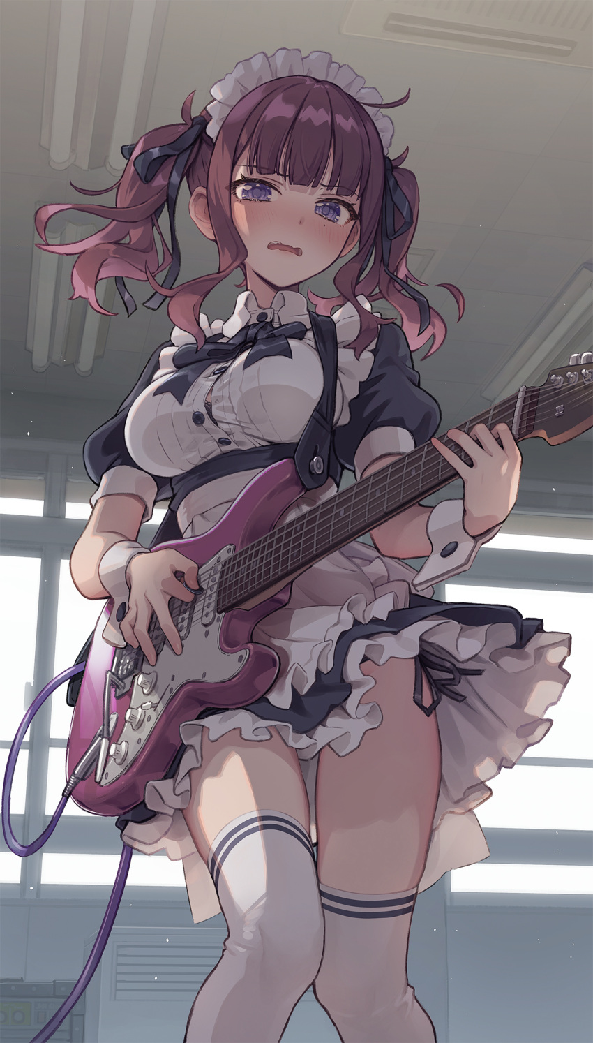 1girl bangs breasts button_gap cevio electric_guitar feet_out_of_frame frills guitar hair_ribbon highres holding holding_instrument indoors instrument knees_together_feet_apart kurobuta_gekkan light_particles looking_at_viewer maid_headdress medium_breasts mole mole_under_eye music natsuki_karin neck_ribbon open_mouth panties partially_unbuttoned playing_instrument plectrum puffy_short_sleeves puffy_sleeves purple_hair ribbon short_hair short_sleeves side-tie_panties solo standing synthesizer_v thigh-highs twintails underwear violet_eyes white_legwear wrist_cuffs