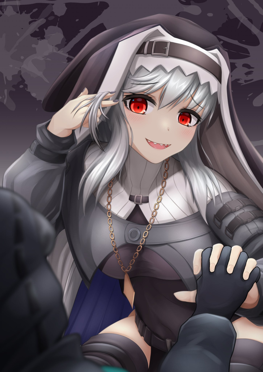 1girl 1other arknights black_coat black_dress black_gloves black_jacket black_legwear breasts check_commentary coat commentary_request doctor_(arknights) dress engawa_(organic_sushi) gloves grey_hair grey_nails habit highres holding_hands hood hooded_jacket jacket jewelry large_breasts long_sleeves nail_polish nun red_eyes sharp_teeth smile specter_(arknights) teeth thigh-highs upper_teeth