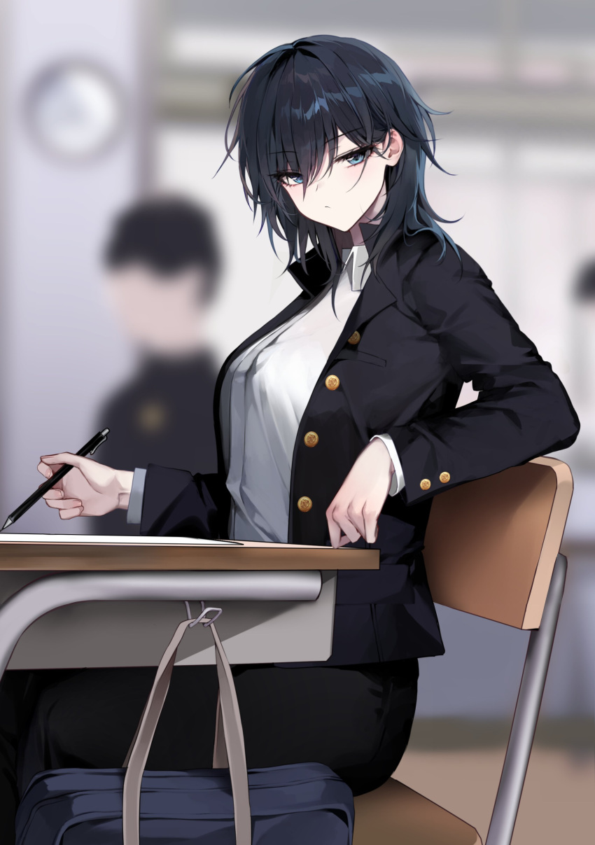 1girl absurdres arm_rest bag bangs bara_(03_bara_) black_hair blue_eyes blurry blurry_background chair classroom collared_shirt commentary_request desk expressionless eyebrows_visible_through_hair hair_between_eyes highres jacket long_sleeves looking_at_viewer open_clothes open_jacket original school_bag school_desk school_uniform shirt short_hair sitting solo_focus tomboy yokoyama_ishimi