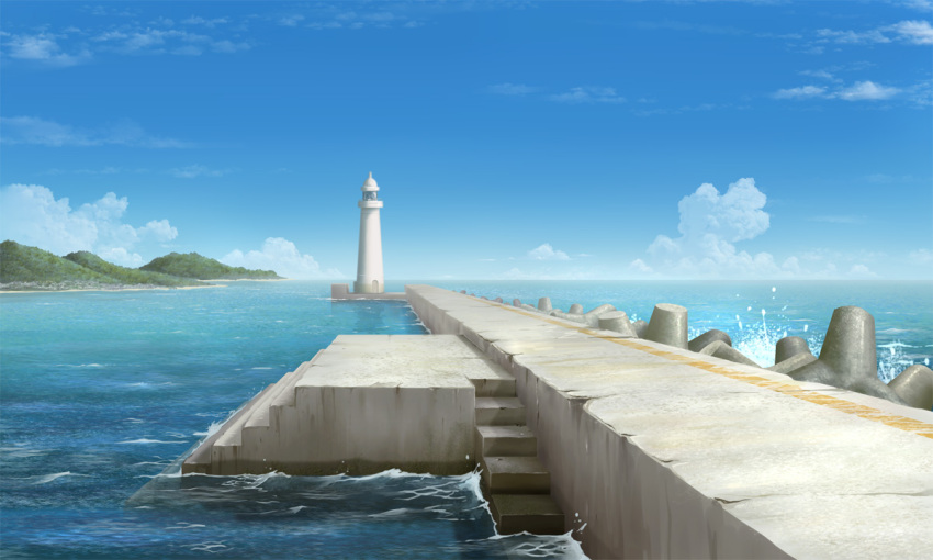 blue_sky clouds commentary_request day harbor lighthouse mountain no_humans ocean original outdoors scenery shore sky stairs tetrapod user_peo4941 water