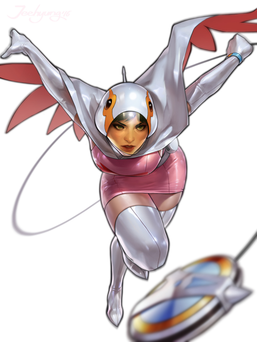 1girl absurdres airborne belt black_hair boots breasts cable cape dress gatchaman gloves grey_belt helmet high_heel_boots high_heels highres jee-hyung_lee jun_the_swan looking_ahead medium_breasts parted_lips pink_dress realistic solo thigh-highs thigh_boots v-shaped_eyebrows white_background white_cape white_footwear white_gloves