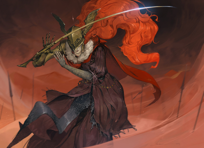 1girl blade cape closed_mouth covered_eyes elden_ring fur helmet helmet_over_eyes hidden_eyes highres holding holding_sword holding_weapon lips long_hair long_sword malenia_blade_of_miquella outdoors prosthesis prosthetic_arm redhead selann_dw standing sword very_long_hair weapon