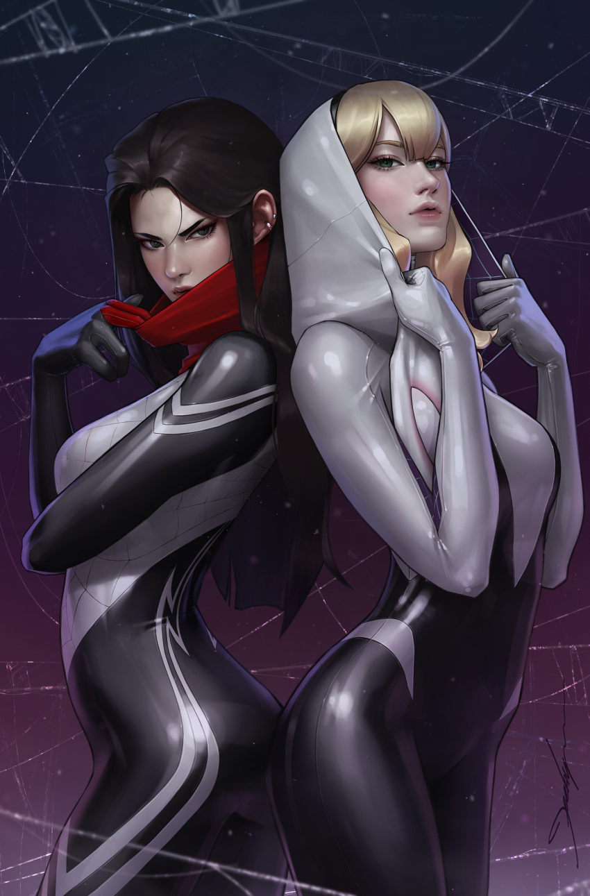 2girls absurdres ass-to-ass black_eyes black_gloves black_hair black_hairband blonde_hair blue_eyes breasts cindy_moon comic_cover cover_image english_commentary gloves gwen_stacy hair_behind_ear hairband head_tilt highres jee-hyung_lee looking_at_viewer marvel mask_pull medium_breasts multiple_girls official_art realistic silk_(marvel) spider-gwen spider-man_(series) superhero v-shaped_eyebrows white_gloves