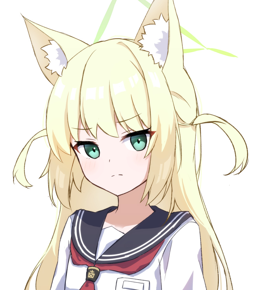 1girl absurdres animal_ear_fluff animal_ears bangs black_sailor_collar blonde_hair blue_archive character_request closed_mouth commentary eyebrows_visible_through_hair green_eyes halo highres light_frown long_hair looking_at_viewer neckerchief red_neckerchief sailor_collar seika_(eevz2274) shirt simple_background solo symbol-only_commentary two_side_up upper_body white_background white_shirt