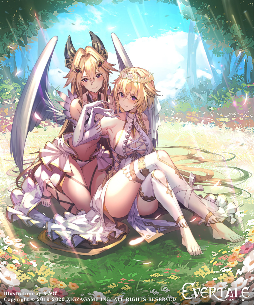2girls absurdres artist_name bangs blonde_hair braid breasts company_name copyright copyright_name dress elbow_gloves evertale feathered_wings fingerless_gloves flower foliage gloves hair_between_eyes hair_flower hair_ornament halter_dress halterneck hand_on_another's_shoulder hands_up highres jeanne_d'arc_(evertale) kakage large_breasts light_rays long_hair looking_at_viewer mikaela_(evertale) multiple_girls nature no_shoes official_art outdoors pelvic_curtain thigh-highs tree violet_eyes watermark white_gloves white_legwear white_wings wings