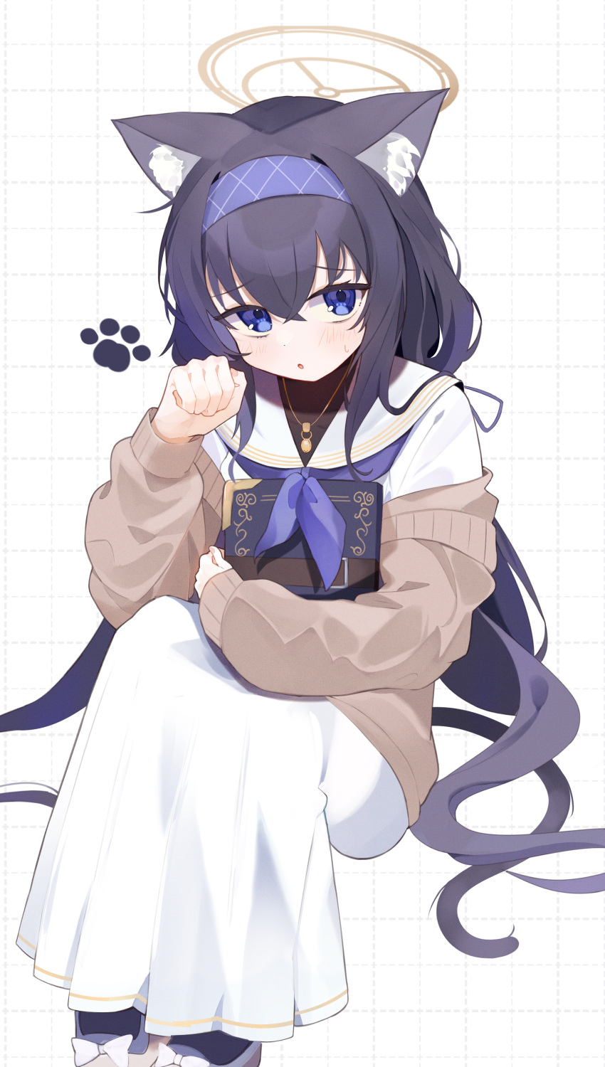 1girl absurdres animal_ear_fluff animal_ears black_hair blue_archive blush book brown_cardigan cardigan cat_ears hairband halo highres jewelry long_hair long_sleeves looking_at_viewer neckerchief necklace parted_lips paw_print purple_hairband purple_neckerchief sailor_collar shishiodoshi skirt solo ui_(blue_archive) violet_eyes white_sailor_collar white_skirt