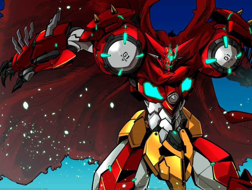 amakawa_mayu cape getter-1_(devolution) getter_robo getter_robo_devolution glowing highres looking_down mecha open_hand red_cape science_fiction solo super_robot yellow_eyes