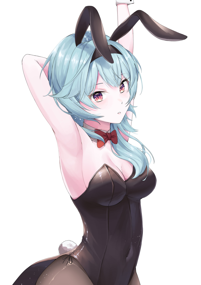 1girl absurdres animal_ears armpits arms_up bare_arms bare_shoulders black_headband black_legwear blue_hair bow bowtie breasts covered_navel detached_collar eula_(genshin_impact) eyebrows_visible_through_hair fake_animal_ears genshin_impact hair_between_eyes headband highleg highleg_leotard highres keya_(user_pnkz5883) lace_trim leotard light_blue_hair long_hair looking_at_viewer medium_breasts necktie parted_lips playboy_bunny rabbit_ears rabbit_tail red_bow red_bowtie side-tie_leotard simple_background solo stretch striped tail vertical_stripes violet_eyes white_background wrist_cuffs