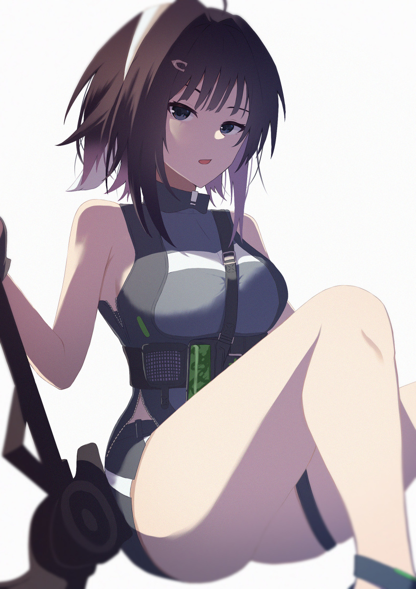 1girl arknights bangs bare_arms bare_legs bare_shoulders black_eyes black_hair black_shorts breasts commentary feet_out_of_frame grey_background grey_shirt highres la_pluma_(arknights) large_breasts looking_at_viewer parted_lips shirt short_hair short_shorts shorts simple_background sitting sleeveless sleeveless_shirt solo teagun thick_thighs thigh_strap thighs