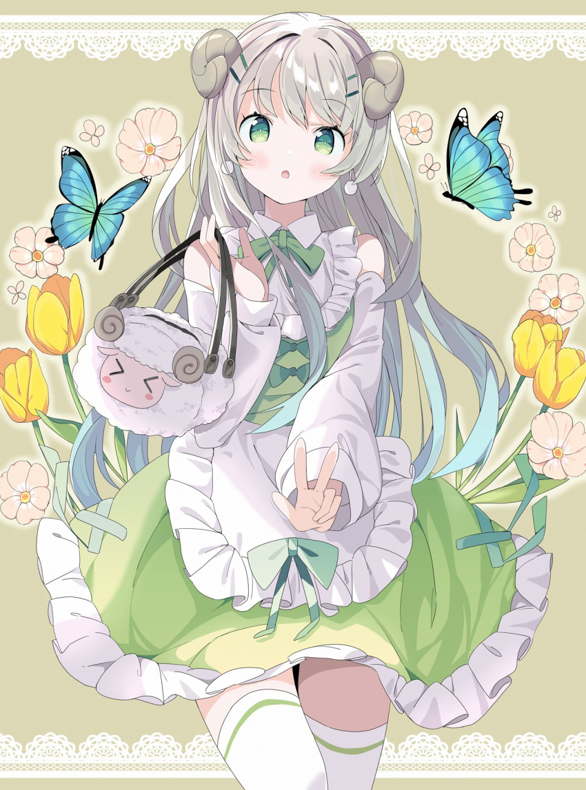 :o animal animal_bag bag bangs bare_shoulders blush bow brown_background bug butterfly collared_shirt commentary_request curled_horns detached_sleeves dress eyebrows_visible_through_hair flower frilled_dress frills green_bow green_eyes grey_hair hair_ornament hairclip highres holding holding_bag horns long_sleeves looking_at_viewer original outstretched_arm parted_lips puffy_long_sleeves puffy_sleeves sheep_horns shirt sleeveless sleeveless_dress solo tantan_men_(dragon) thigh-highs tulip v white_flower white_legwear white_sleeves yellow_flower