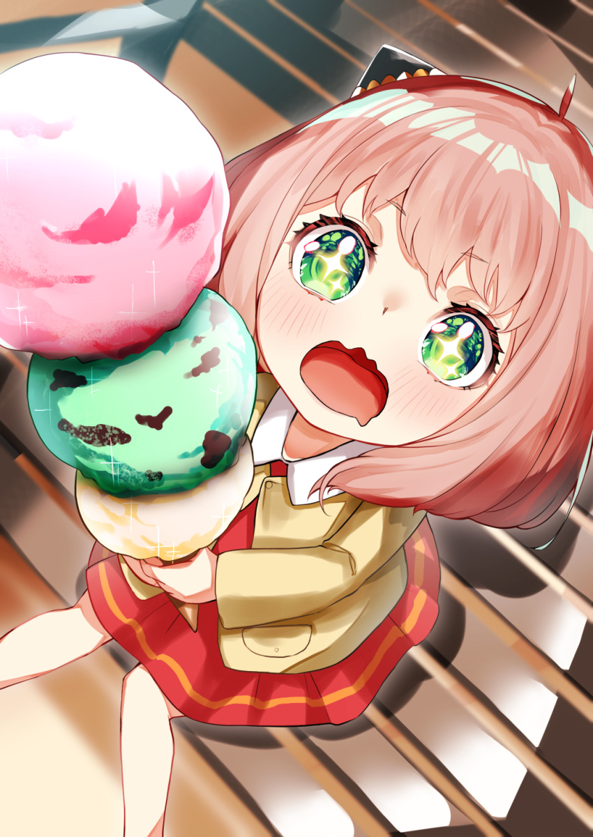 1girl ahoge anya_(spy_x_family) bad_anatomy bad_leg bangs bench blazer blush commentary dot_nose dress drooling excited feet_out_of_frame food foreshortening from_above green_eyes highres ice_cream ice_cream_cone jacket kagu_(a_hazy_moon) looking_up on_bench open_mouth park_bench pink_hair red_dress short_hair sitting solo sparkling_eyes spy_x_family symbol-only_commentary