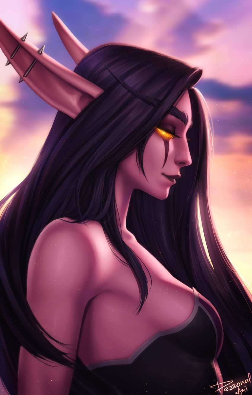 1girl absurdres artist_name avatar_(wow) black_dress black_hair black_lips blue_sky blurry blurry_background breasts clouds depth_of_field dress ear_piercing elf facial_mark from_side glowing glowing_eyes highres light_smile long_eyebrows long_hair medium_breasts night_elf_(warcraft) orange_eyes outdoors personal_ami piercing pointy_ears profile signature sky solo thick_eyebrows upper_body warcraft world_of_warcraft
