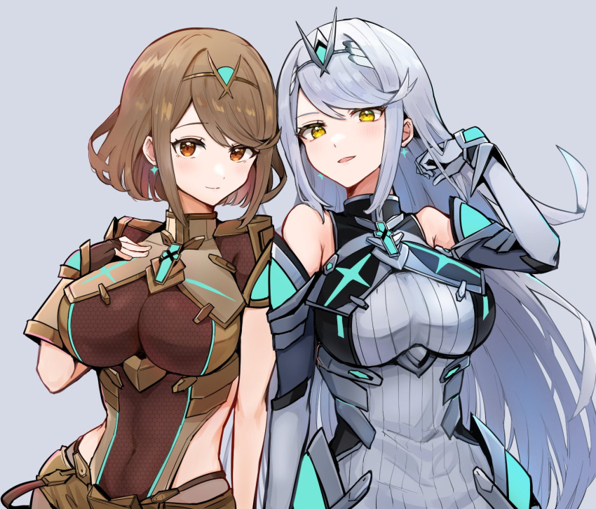 alternate_color alternate_costume alternate_hair_color backless_dress backless_outfit bangs black_legwear bob_cut breasts brown_gloves brown_hair chest_jewel covered_navel dress earrings elbow_gloves fingerless_gloves gloves highres inuisbink jewelry large_breasts legwear_under_shorts long_hair mythra_(massive_melee)_(xenoblade) mythra_(xenoblade) pantyhose pyra_(xenoblade) red_eyes short_dress short_hair short_shorts short_sleeves shorts silver_gloves silver_hair sleeveless sleeveless_dress super_smash_bros. swept_bangs tiara very_long_hair xenoblade_chronicles_(series) xenoblade_chronicles_2 yellow_eyes