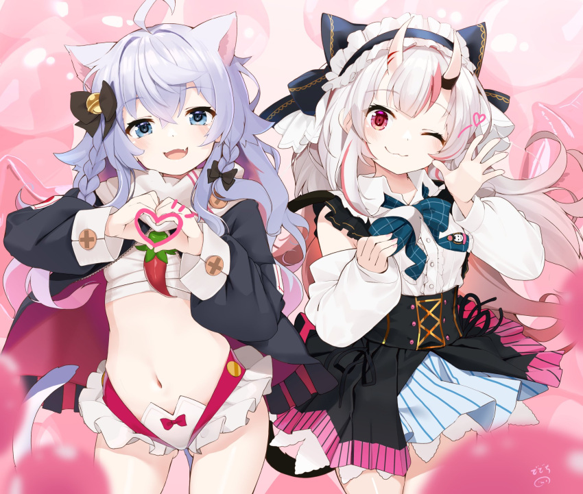 1girl :d ;3 animal_ears bell black_jacket black_skirt blue_bow blue_bowtie blue_eyes bow bowtie braid cat_ears cat_girl cat_tail chest_sarashi closed_mouth collared_shirt fang frilled_hairband frills hair_bell hair_bow hair_ornament hairband heart high-waist_skirt highres hololive horns jacket jingle_bell kagura_nana long_hair long_sleeves looking_at_viewer multicolored_hair nakiri_ayame nanakagu_karatou_ch nejime one_eye_closed oni_horns open_clothes open_jacket puffy_long_sleeves puffy_sleeves purple_hair red_eyes redhead sarashi shirt skirt smile streaked_hair tail very_long_hair virtual_youtuber white_hair white_shirt