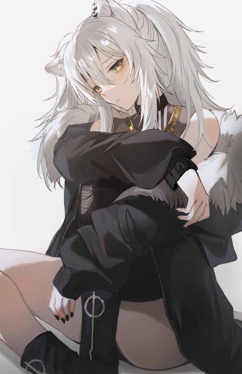 1girl animal_ears black_footwear black_jacket black_legwear black_nails black_panties boots commentary earrings english_commentary fur-trimmed_jacket fur_trim grey_eyes hair_between_eyes highres hololive jacket jewelry knee_up lion_ears lion_girl long_hair long_sleeves looking_at_viewer mochii necklace panties see-through shirt shishiro_botan silver_hair simple_background single_thighhigh sitting sleeveless sleeveless_shirt sleeves_past_wrists solo thigh-highs twitter_username underwear virtual_youtuber white_background