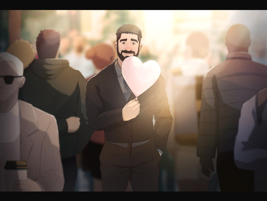 absurdres balloon beard closed_mouth commentary crowd facial_hair hat heart highres holding jacket jojiart looking_at_viewer male_focus mature_male multiple_boys muscular muscular_male original pants smile thick_eyebrows