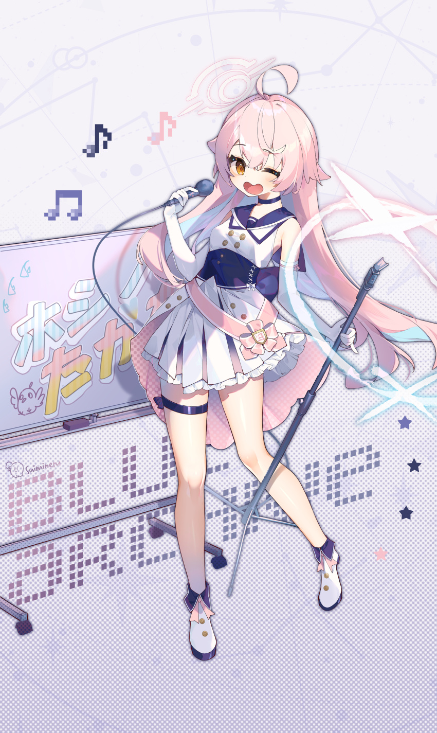 1girl absurdres ahoge bangs blue_archive bow choker eru_daydream halo highres hoshino_(blue_archive) idol leg_ribbon looking_at_viewer microphone music one_eye_closed open_mouth pink_hair pleated_skirt ribbon sailor_collar singing skirt thighs yellow_eyes