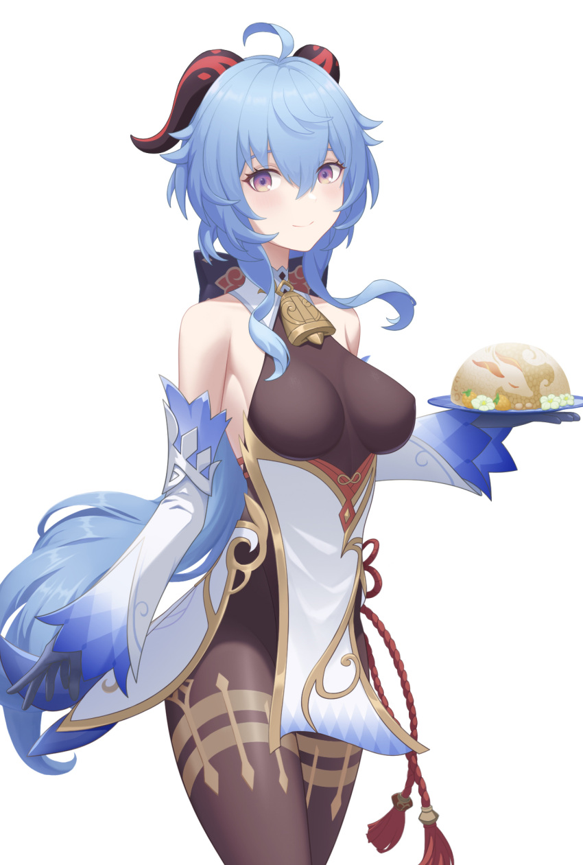 1girl ahoge bangs bare_shoulders bell black_legwear black_leotard blue_gloves blue_hair blush breasts chinese_knot detached_sleeves flower_knot food ganyu_(genshin_impact) genshin_impact gloves gold_trim h-orita highres holding holding_food horns legs_together leotard leotard_under_clothes long_hair looking_at_viewer medium_breasts neck_bell prosperous_peace_(genshin_impact) sidelocks smile solo standing thighlet thighs violet_eyes white_background white_sleeves