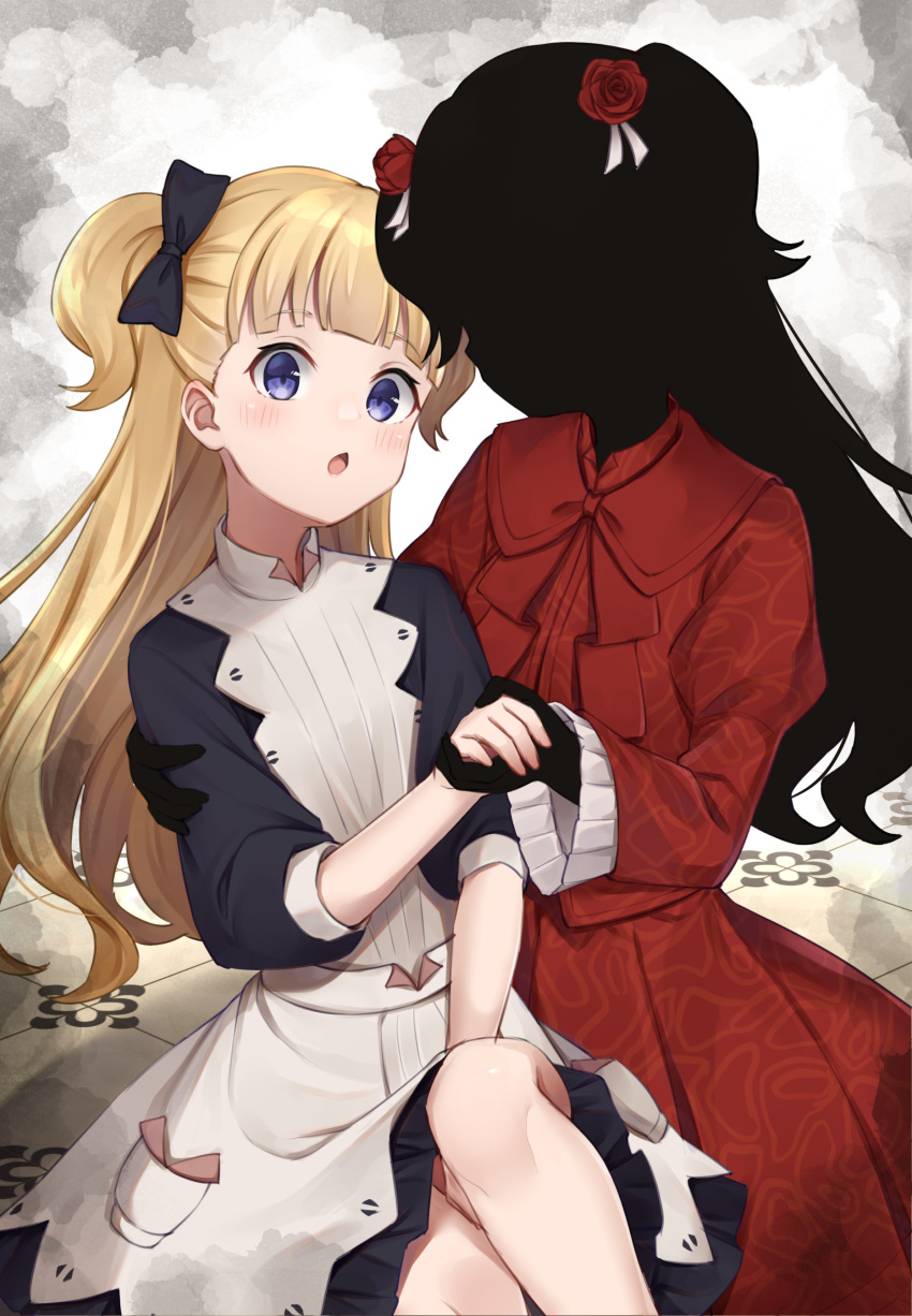 2girls absurdres apron bangs black_bow black_dress black_skin blonde_hair blue_eyes blunt_bangs blush bow colored_skin commentary_request dress emilico_(shadows_house) eyebrows_visible_through_hair flower hair_bow hair_flower hair_ornament hand_on_another's_arm head_tilt highres holding_hands juliet_sleeves kate_(shadows_house) kiki_okina leg_up long_hair long_sleeves looking_at_viewer maid_apron multiple_girls open_mouth pleated_dress pocket print_dress puffy_sleeves red_dress red_flower red_rose rose shadow_(shadows_house) shadows_house short_dress two_side_up white_apron