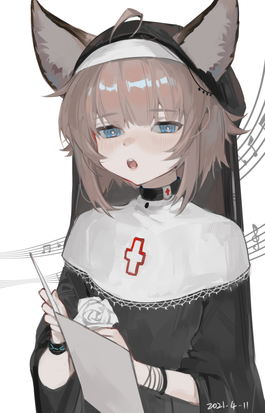 1girl :o absurdres ahoge animal_ear_fluff animal_ears arknights bangs beamed_eighth_notes blue_eyes blush brown_hair dated ears_through_headwear eighth_note eyebrows_visible_through_hair flower habit half-closed_eyes highres holding long_sleeves looking_at_viewer musical_note nun open_mouth quarter_note rose simple_background solo sussurro_(arknights) teeth treble_clef upper_body upper_teeth veil white_background white_flower white_rose wide_sleeves yumingtongxue