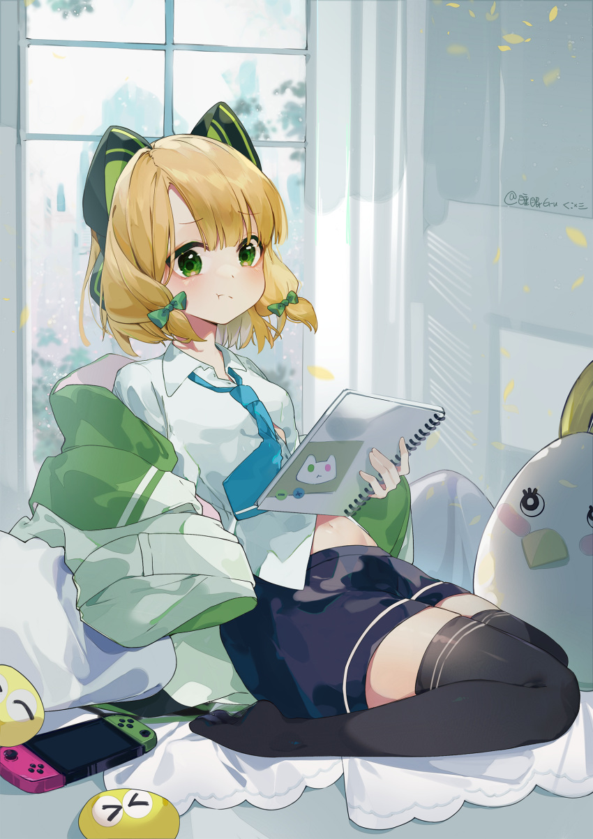 1girl bangs blonde_hair blue_archive bow cat_ear_headphones couch eru_daydream green_eyes hair_bow headphones highres indoors jacket midori_(blue_archive) navel necktie nintendo_switch on_couch peroro_(blue_archive) pillow pout shirt short_hair shorts thigh-highs twitter_username white_shirt window
