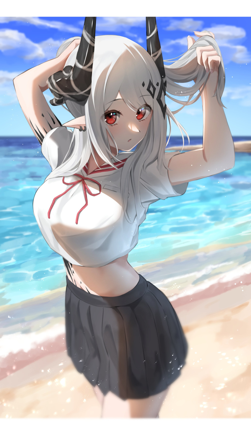 1girl :o absurdres alternate_costume alternate_hairstyle arknights arms_up beach black_skirt blue_sky breasts cowboy_shot crop_top day earrings heimu_(heim_kstr) highres horizon horns jewelry large_breasts letterboxed long_hair looking_at_viewer miniskirt mudrock_(arknights) navel neck_ribbon ocean oripathy_lesion_(arknights) outdoors parted_lips pleated_skirt pointy_ears ponytail red_eyes red_ribbon ribbon shirt short_sleeves silver_hair skirt sky solo tying_hair water white_shirt