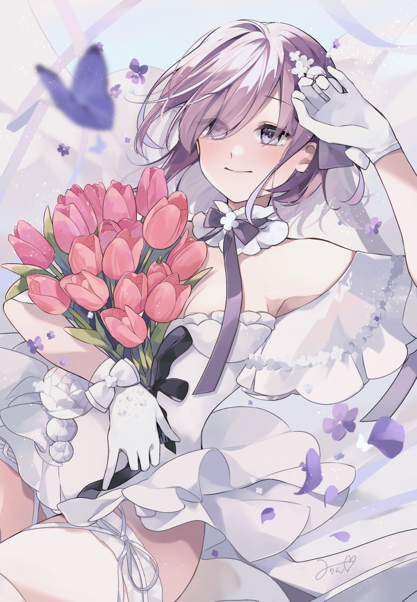 1girl absurdres alternate_costume bare_shoulders bouquet bug butterfly closed_mouth commentary_request detached_collar dress eyebrows_visible_through_hair eyes_visible_through_hair fate/grand_order fate_(series) flower gloves hair_flower hair_ornament hair_over_one_eye highres holding holding_bouquet light_purple_hair looking_away mash_kyrielight mash_kyrielight_(fgo_orchestra) misaki346 official_alternate_costume petals purple_butterfly purple_flower rose short_hair signature smile solo violet_eyes white_dress white_flower white_gloves