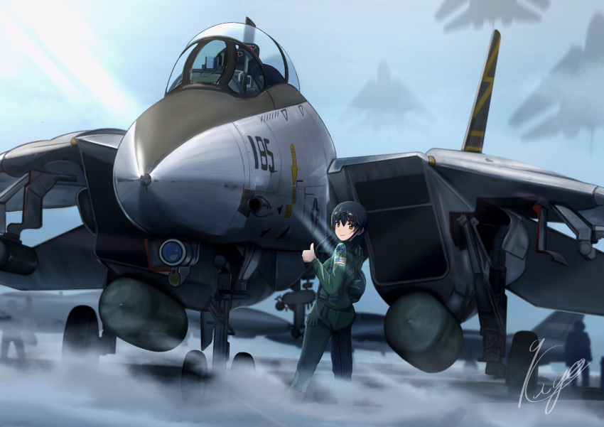 1girl aircraft airplane aviator_sunglasses clouds emblem f-14_tomcat fighter_jet gloves helmet highres jet military military_vehicle original pilot pilot_suit steam sunglasses thumbs_up uniform united_states_air_force weapon