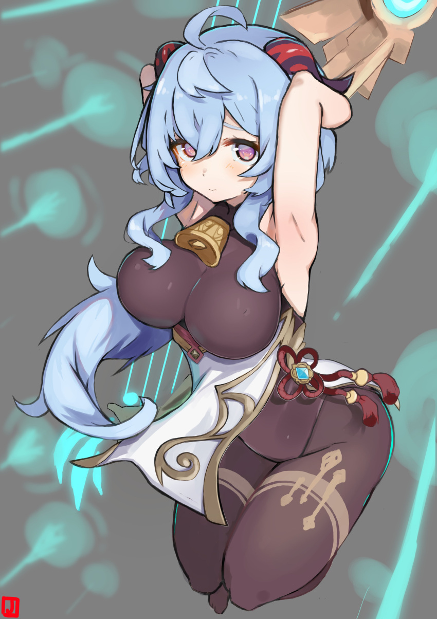 1girl absurdres ahoge armpits arms_up arrow_(projectile) bangs bell black_leotard blue_hair blush bodystocking bodysuit bow_(weapon) breasts brown_legwear chinese_knot clothes_lift flower_knot ganyu_(genshin_impact) genshin_impact groin highres holding holding_bow_(weapon) holding_weapon horns large_breasts leotard light_smile long_hair looking_at_viewer neck_bell pelvic_curtain pelvic_curtain_lift red_rope rope sidelocks skyward_harp_(genshin_impact) solo tassel thighlet thighs violet_eyes vision_(genshin_impact) weapon wind wind_lift zonzu