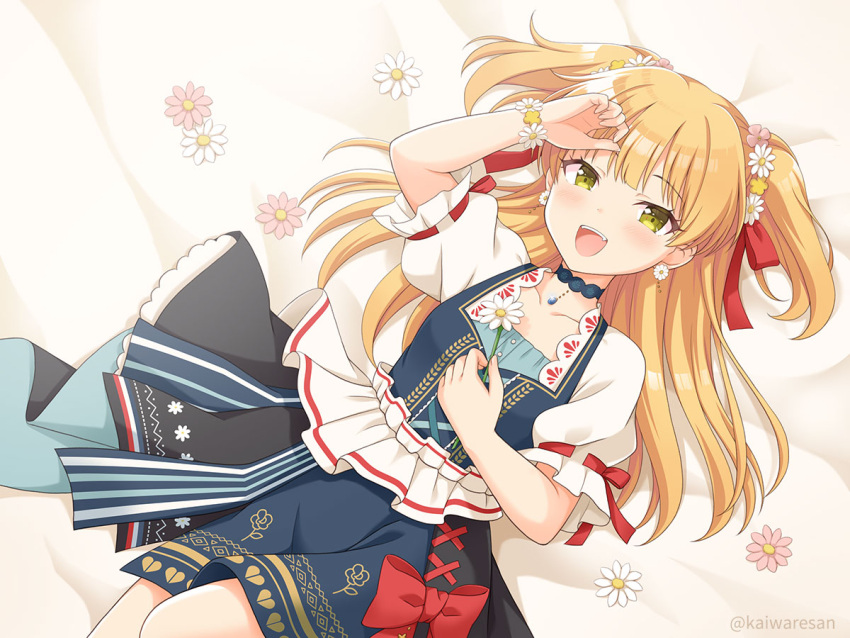 1girl :d arm_up bangs bed_sheet blonde_hair blue_dress blush bow breasts collarbone commentary_request dress earrings eyebrows_visible_through_hair flower flower_bracelet flower_earrings green_eyes hair_flower hair_ornament holding holding_flower idolmaster idolmaster_cinderella_girls idolmaster_poplinks jewelry jougasaki_rika kaiware-san long_hair looking_at_viewer lying on_back pink_flower puffy_short_sleeves puffy_sleeves red_bow shirt short_sleeves sleeveless sleeveless_dress small_breasts smile solo teeth twitter_username two_side_up upper_teeth very_long_hair white_flower white_shirt