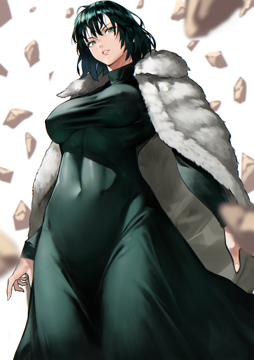 1girl absurdres bangs black_dress black_hair breasts dress fubuki_(one-punch_man) fur_coat green_eyes highres large_breasts long_sleeves looking_at_viewer one-punch_man short_hair solo taut_clothes taut_dress yoshio_(55level)